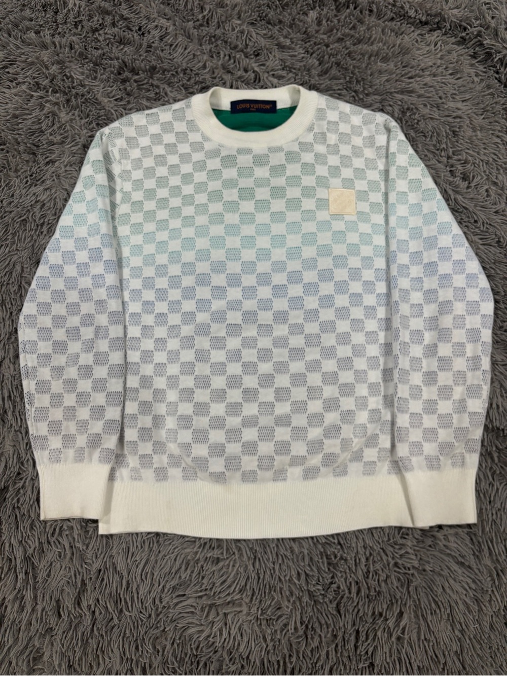 Louis Vuitton Men’s Cream & Light Blue Checker Crewneck Sweater